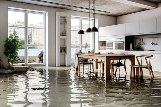 Please create a brief 1 sentence description of the attached imageEditA modern kitchen and dining area is completely flooded with water covering the floor, with furniture and appliances partially submerged in what appears to be a significant water damage situation.